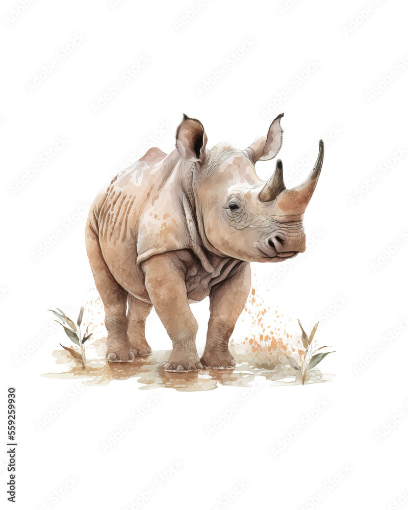 Fototapeta premium Baby rhinoceros illustration. Generative AI.