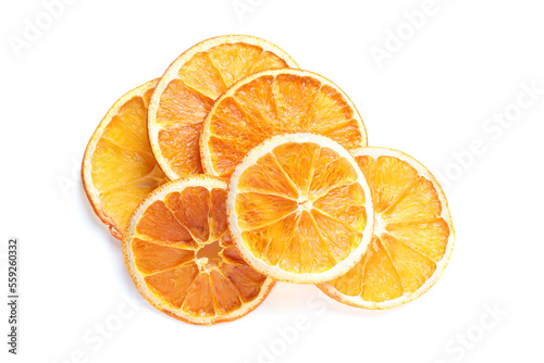 Delicious dry orange slices on white background  top view