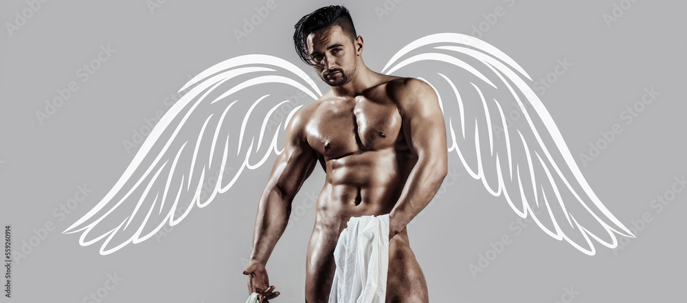 Naked muscular angel. Photo banner of sexy man with wings for valentines  day. Sexy male model body, nude torso. Sexy naked man, seductive gay.  Muscular shirtless man, attractive guy. Stock Photo