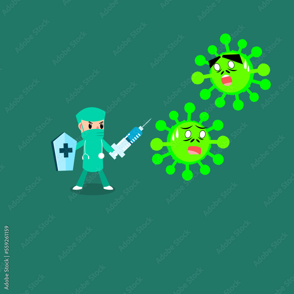 The battle between the doctor and the virus demon. Doctor who fought with the coronavirus(Covid-19). Virus protection concept. Vector illustration