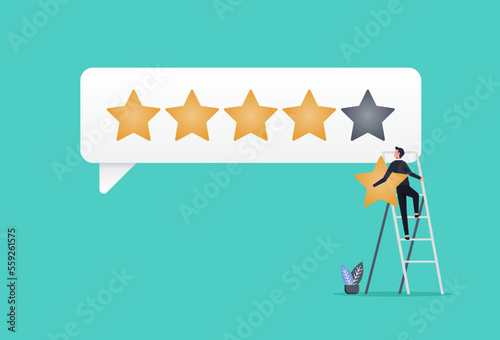 Customer giving 5 stars rating review, reputation and customer feedback, a man climb up ladder to put on best rating