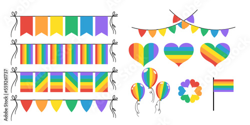 Wektorowa kolekcja symboli społeczności LGBTQ. Kolekcja tęczowych flag, girlandy, baloniki, serca.