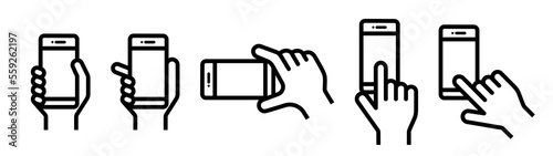 Hand holding smartphone icon set. Holding vertically or horizontally, or touching screen with index finger.