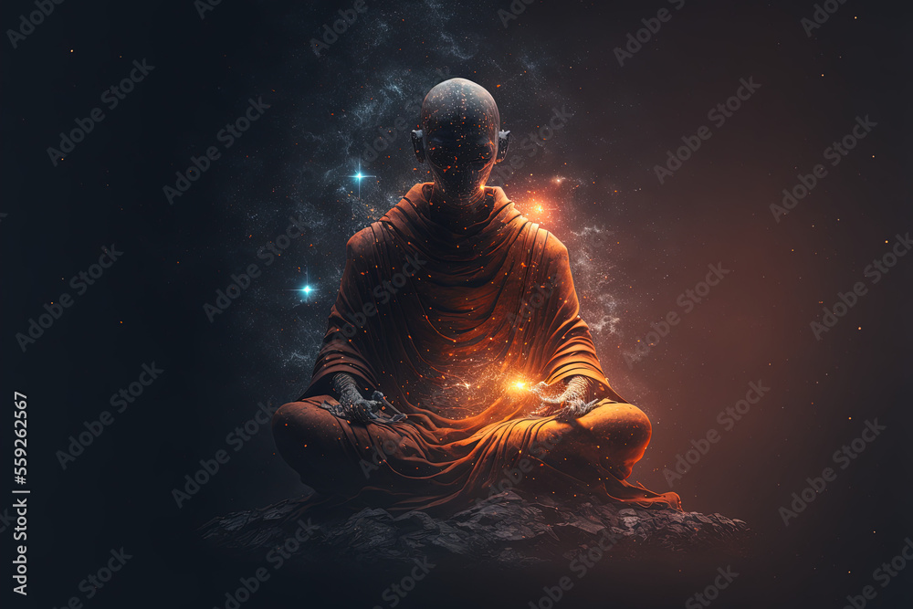 monk meditating and wearing a dark orange rob - obrazy, fototapety, plakaty 