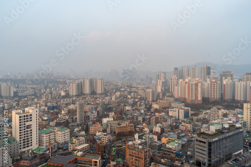 Fototapeta Naklejka Na Ścianę i Meble -  Cityscape of Seoul capital of South Korea on a smoggy day