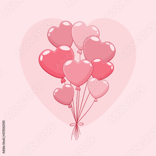 Balony w kształcie serca. Wektorowa ilustracja imprezowych balonów wypełnionych helem związanych razem. Dekoracje na urodziny, baby shower, walentynki, uroczystość, wesele.