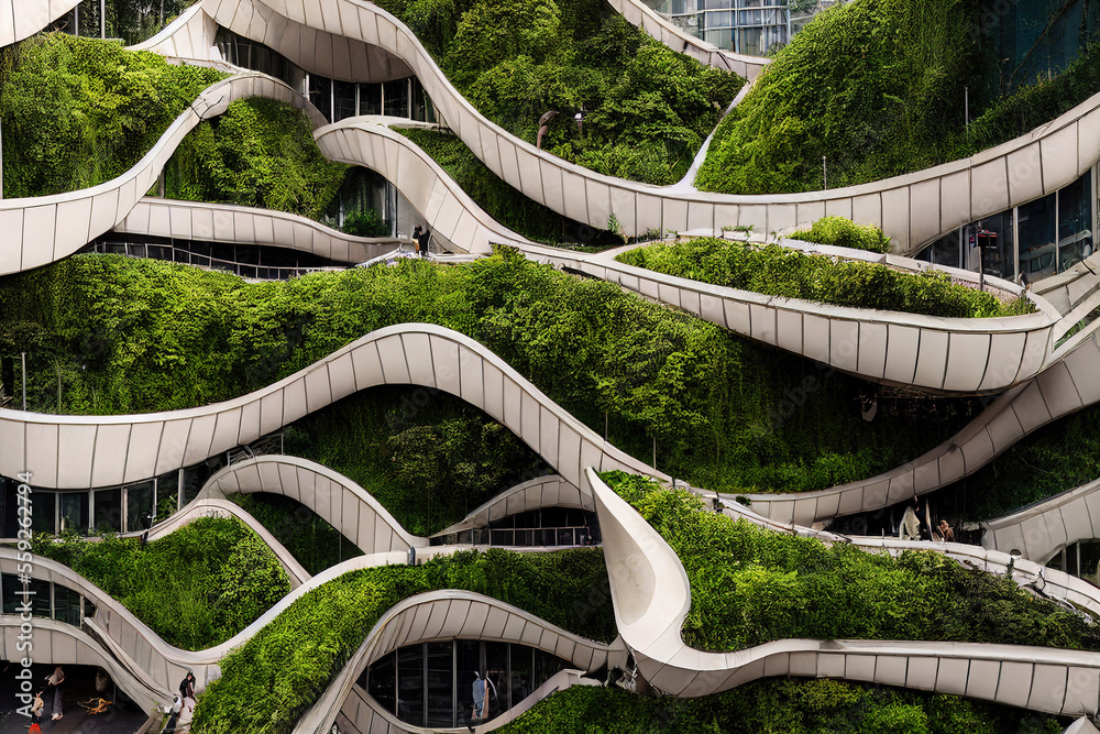 Splendid environmental awareness city with vertical forest concept of metropolis covered with green plants. Civil architecture and natural biological life combination. Digital art generative AI. - obrazy, fototapety, plakaty 