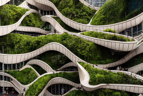 Fototapeta Splendid environmental awareness city with vertical forest concept of metropolis covered with green plants
