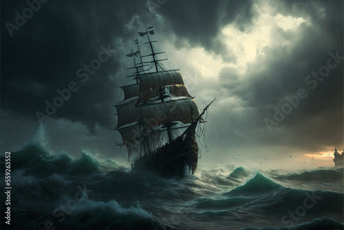 Flying Dutchman, ghost ship. A legend that exists throughout the world. Generative AI.