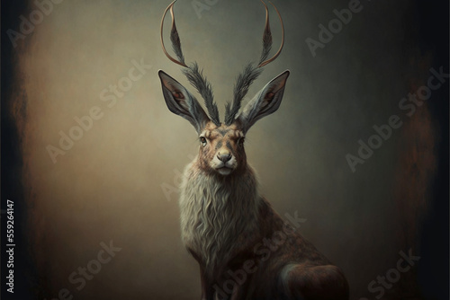 Jackalope, animal mix of hare and antelope or deer. American folklore. Generative AI. photo