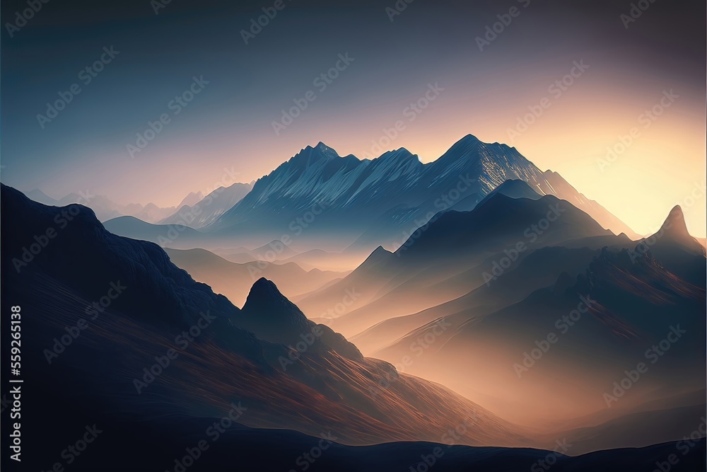 Misty mountain range in the early morning. Generative AI