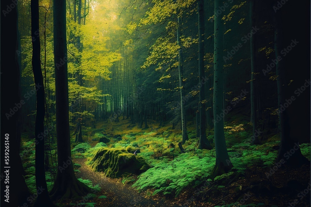 Green forest in the fall. Autumn scene in the morning forest. Generative AI