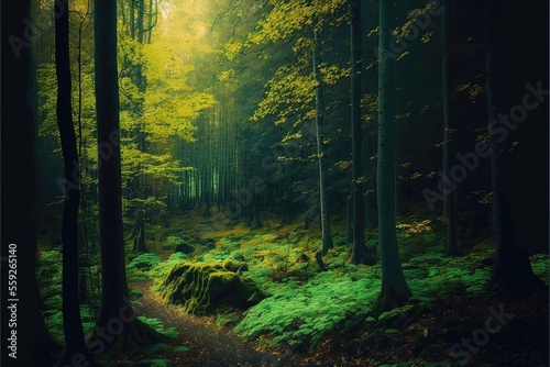 Green forest in the fall. Autumn scene in the morning forest. Generative AI