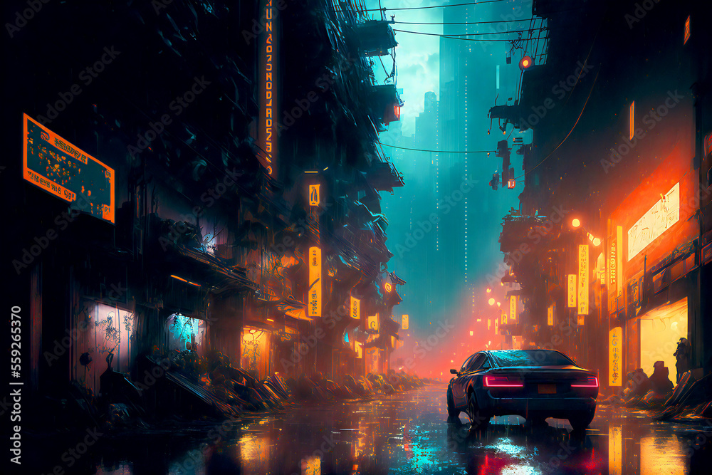 Cyberpunk city, back alley, landscape, electric light, digital illustration, generated by AI