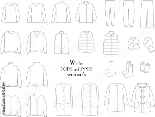女性用の冬服アイコンセット　トップス・インナー