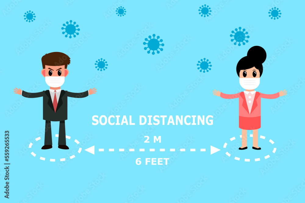 Business man and woman stand apart from each other. Spacing between people to stop the coronavirus pandemic. Social distancing concept. Vector illustration. Business man and woman stand apart from each other. Spacing between people to stop the coronavirus pandemic. Social distancing concept. Vector illustration.