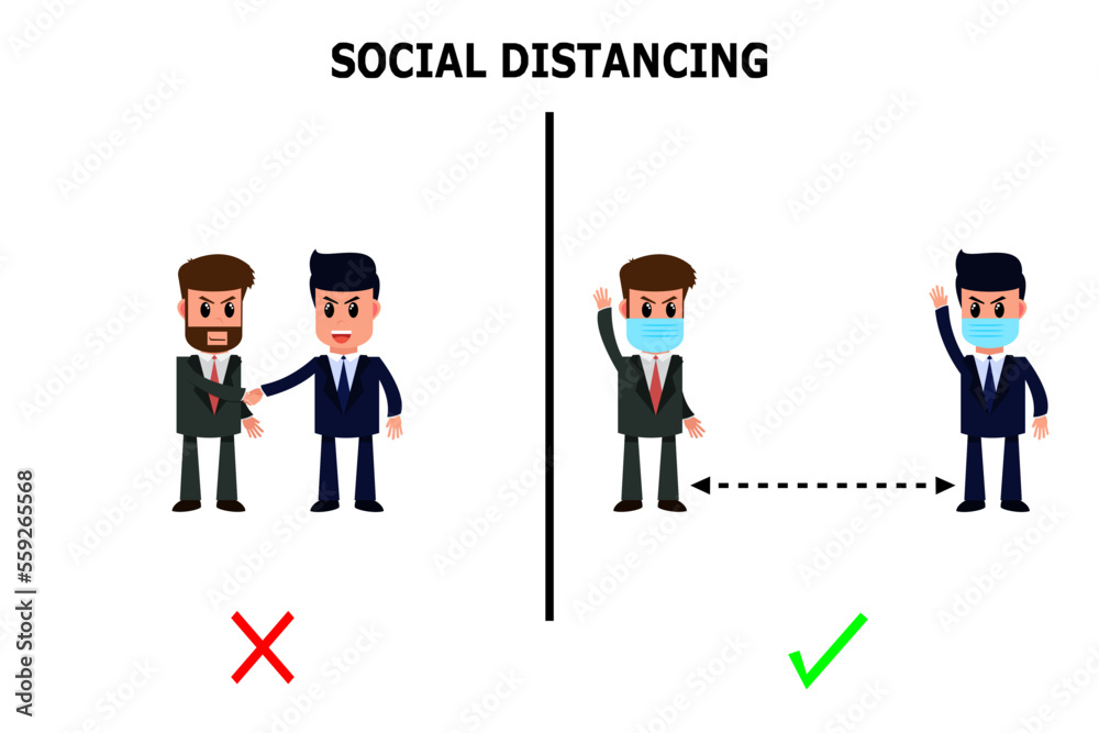 Avoid touching or shaking hand. Keep distance. Wear protective mask. Social distancing concept. Vector illustration.