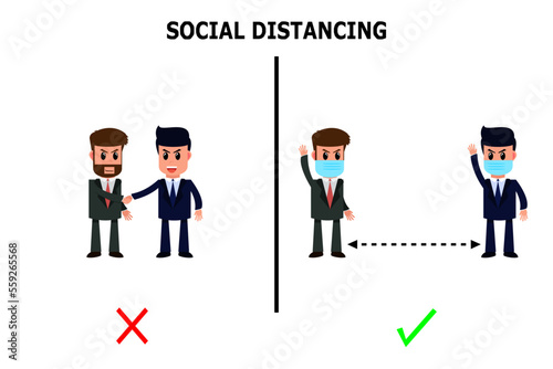 Avoid touching or shaking hand. Keep distance. Wear protective mask. Social distancing concept. Vector illustration.