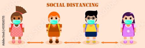Back to school new normal lifestyle of children wearing masks and keeping their social distancing to get on school. Vector illustration.