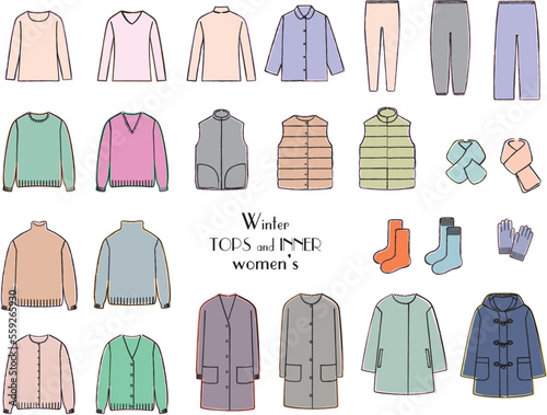 女性用の冬服の手書きタッチイラストセット　トップス・インナー photo