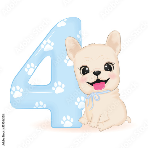 Cute French Bulldog and number 4
