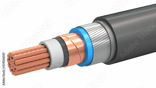 Structure of copper cable on white background. Cut of insulation, wire jacket and shielding of conductive core. 3d illustration