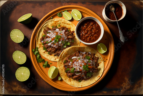 Tacos de birria or birria tacos, typical Mexican food. Mexican gastronomy. Generative AI.