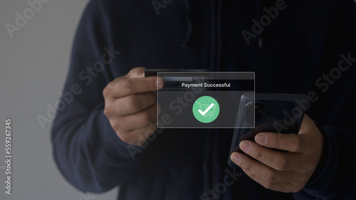 Smartphone with Online payment, Man hand using a mobile smartphone to make banking online bill payment with a credit card and network connection icon on business technology virtual screen background.