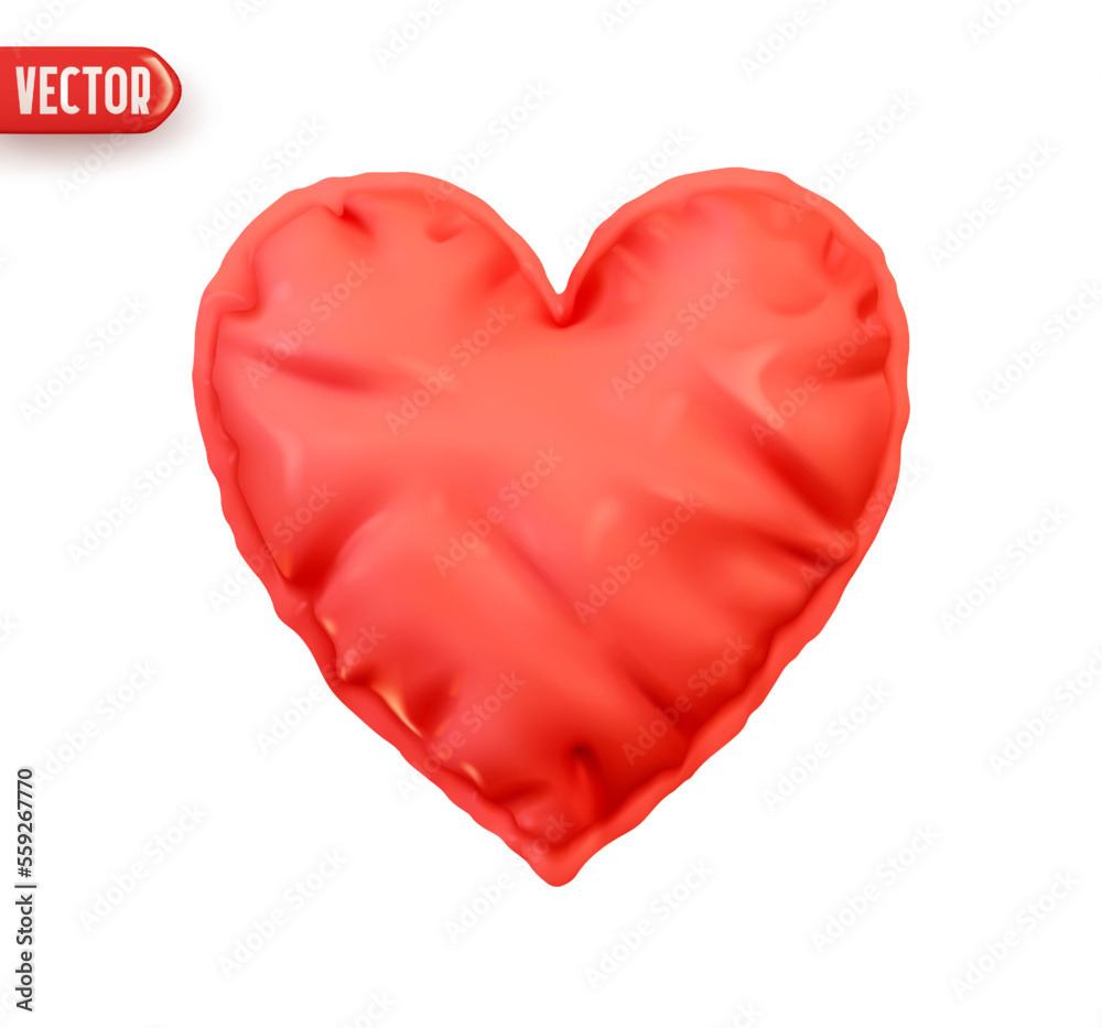 Red heart made of fabric. Leather rumpled heart. Helium balloon in heart shape. Realistic 3d design In cartoon style. Icon isolated on white background. Vector illustration