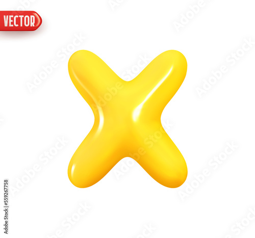 X symbol, plastic yellow latin letter X. X mark. Realistic 3d design In cartoon style. Icon isolated on white background. vector illustration