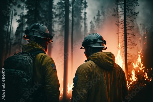 Firefighters standing in front on a forest fire, Brigade rescue fireman with yellow jacket and helmet. Illustration generated by AI.