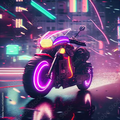 Cyberpunk motorcycle or motorbike in street with neon lights © Alguien