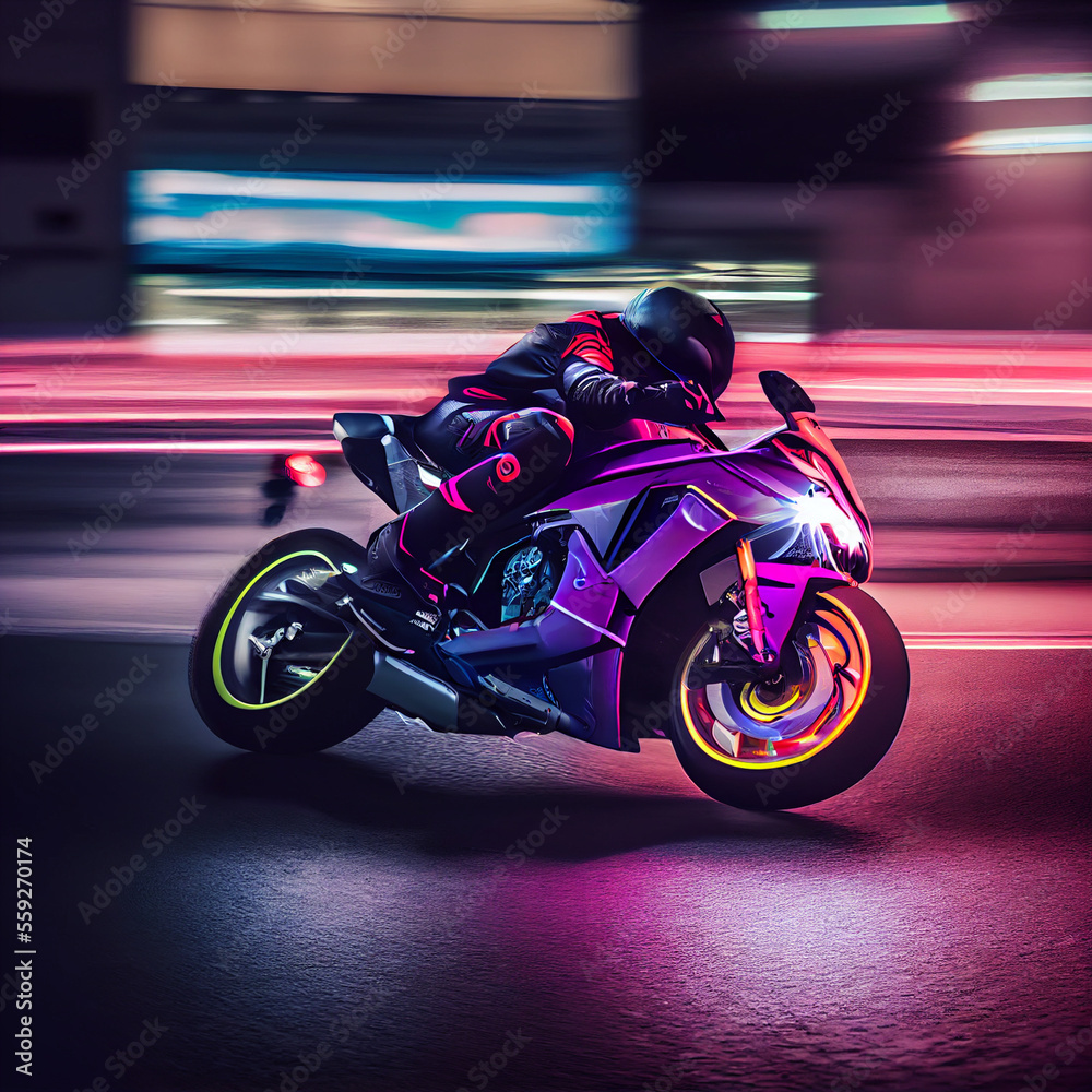 Stunning photo of biker motorcyclist driving sportbike with neon lights