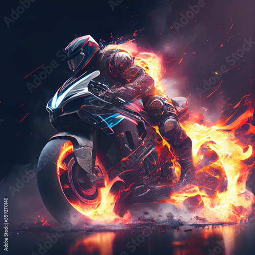 Stunning photo of biker motorcyclist driving sportbike on fire photo