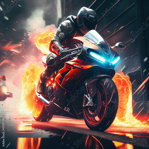 Stunning photo of biker motorcyclist driving sportbike on fire