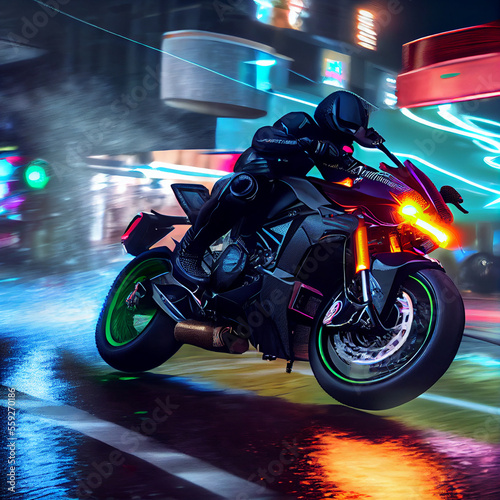 Stunning photo of biker motorcyclist driving sportbike with neon lights © Alguien