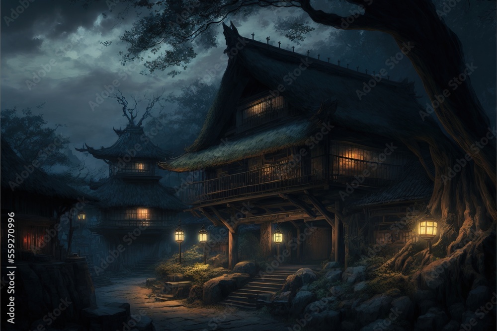 Fantasy Japanese Village at Night, Concept Art, Digital Illustration