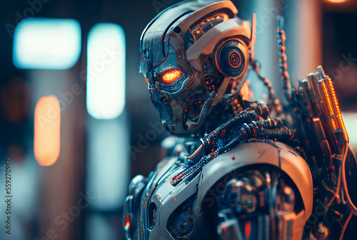 an evil looking robot, arti...