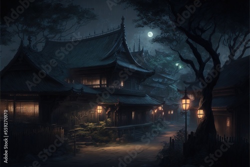 Fantasy Japanese Village at Night  Concept Art  Digital Illustration