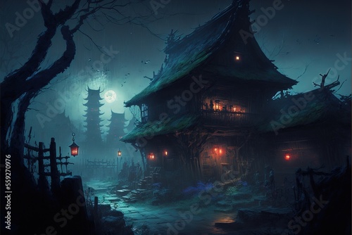 Fantasy Japanese Village at Night, Concept Art, Digital Illustration, Generative AI
