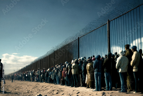 Fotografie, Obraz abstract fictional people at a high fence, at a fictional border or border crossing, refugees or immigrants standing in an endless queue or row along the fence