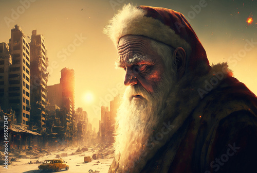 an sad injured old Santa Claus without strength and in disappointingly giving up bad mood in a fictional apocalyptic city with destroyed buildings and ruins of an abandoned city. Generative AI photo