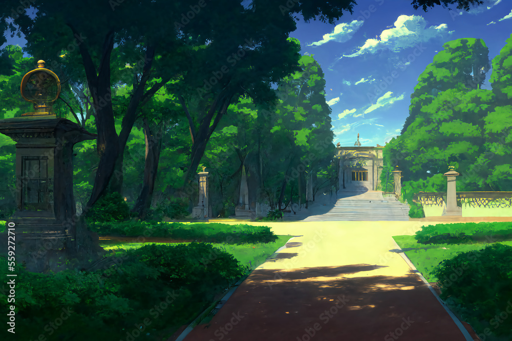 Obraz premium アニメ映画風の街や施設の背景のイラスト(AI generated image)