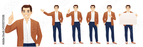 Young business man in casual clothes different gestures set isolated vector illustration