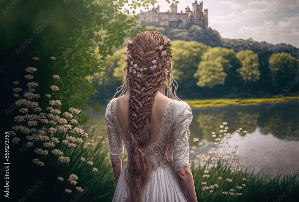 illustration of beautiful woman wearing hair braid with bow and flower with nature and ancient castle as background - obrazy, fototapety, plakaty 
