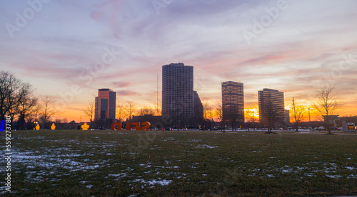 View of Downtown Southfield at sunset in the winter time.