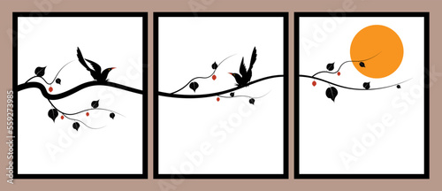 silhouettes of cuckoo Birds sitting on branch at sunset. Three pieces minimalist poster art design. Natural illustration isolated on white background. Wall art, artwork, wall decals. Canvas art.