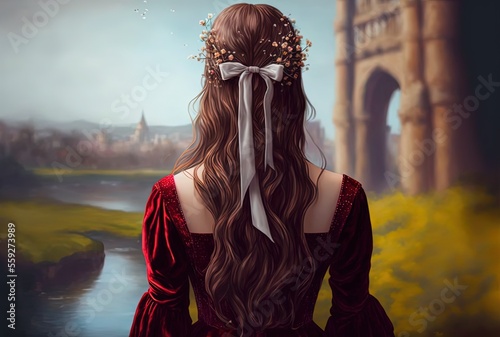 illustration of beautiful woman wearing hair braid with bow and flower with nature and ancient castle as background photo