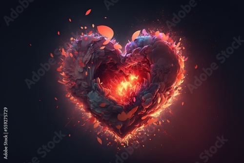Valentine heart on fire with flowers against dark background  generative AI
