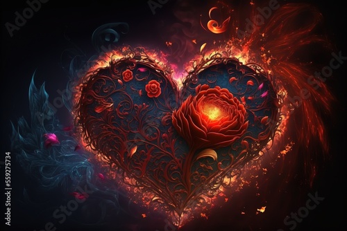 Intricate Valentine heart with filigree patterns and flames, flowers against dark background, generative AI